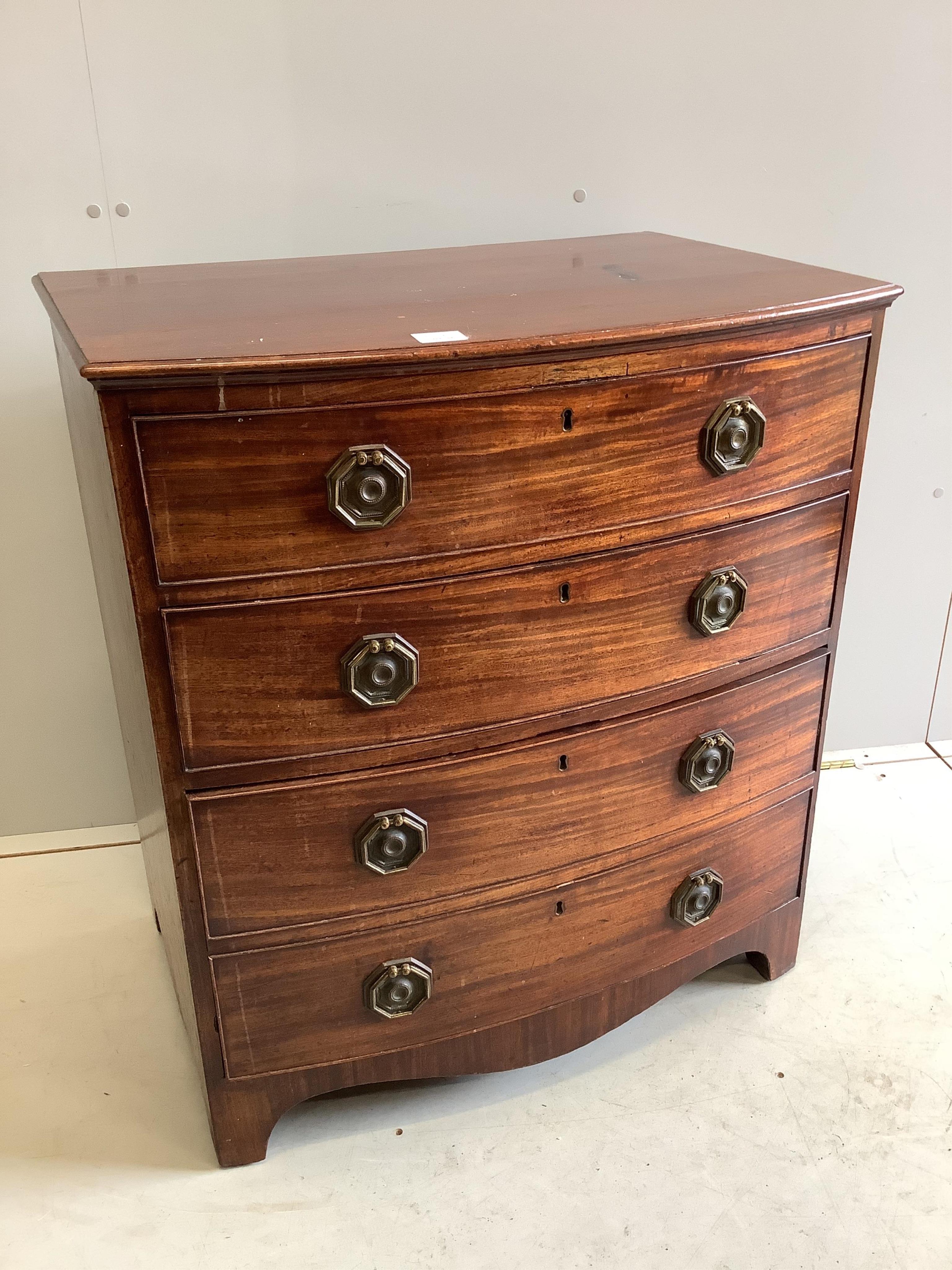 A small Regency mahogany bowfront chest, width 75cm, depth 52cm, height 84cm. Condition - fair